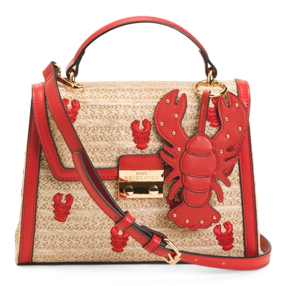 BCBGeneration Handbags - BCBGeneration Red & Natural Straw Satchel with Lobster Appliqué